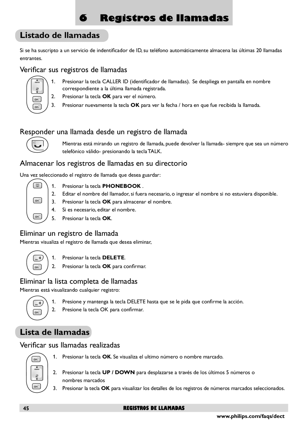 Philips DECT2250 user manual Registros de llamadas, Listado de llamadas, Lista de llamadas 