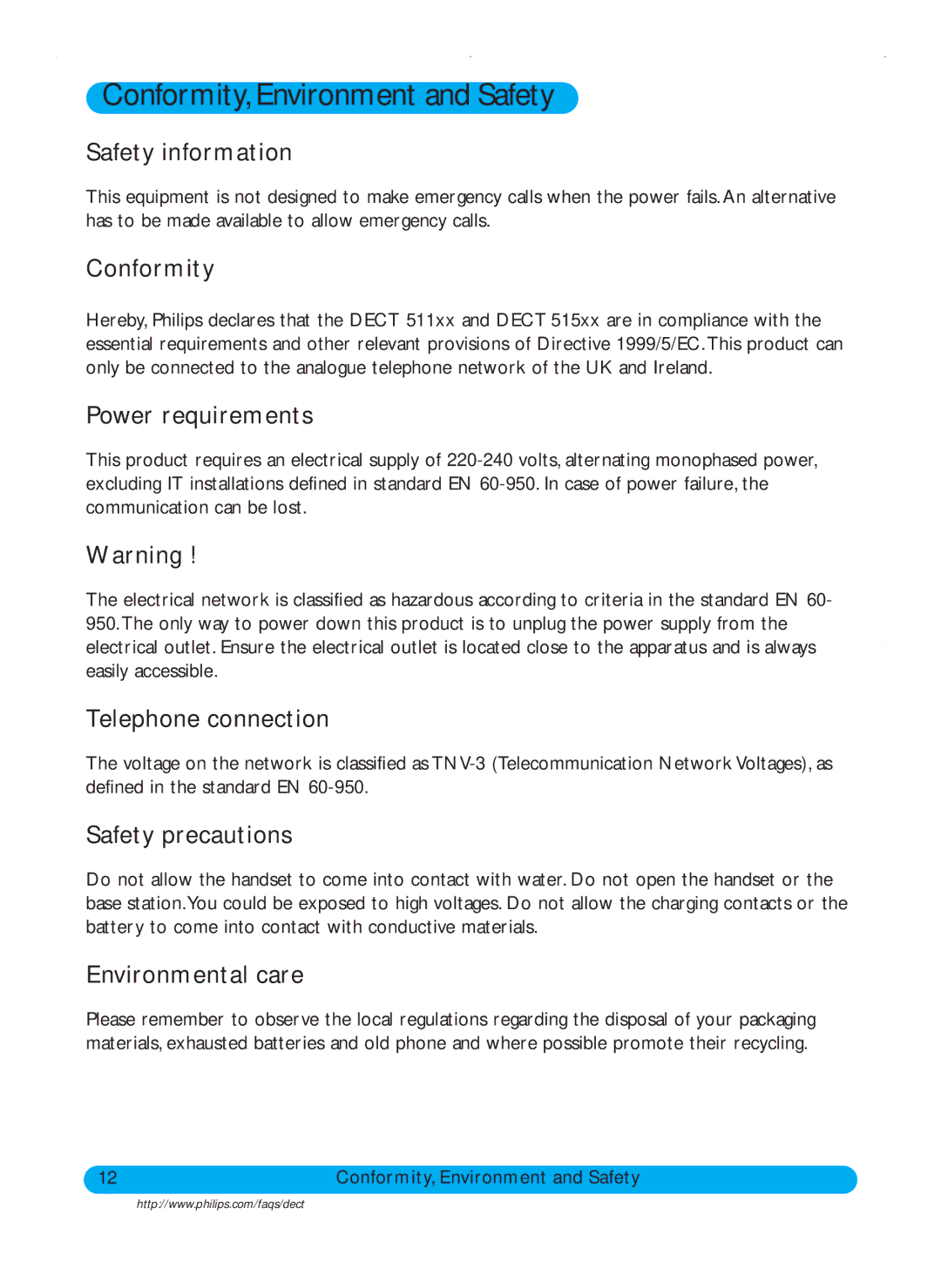 Philips DECT511, DECT515 user manual Conformity,Environment and Safety 