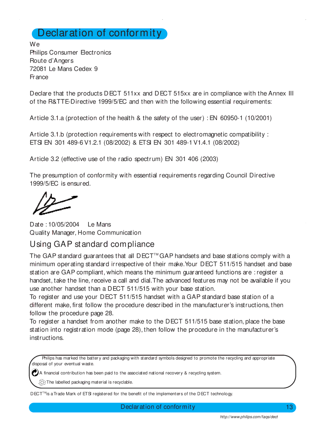 Philips DECT515, DECT511 user manual Declaration of conformity, Using GAP standard compliance 