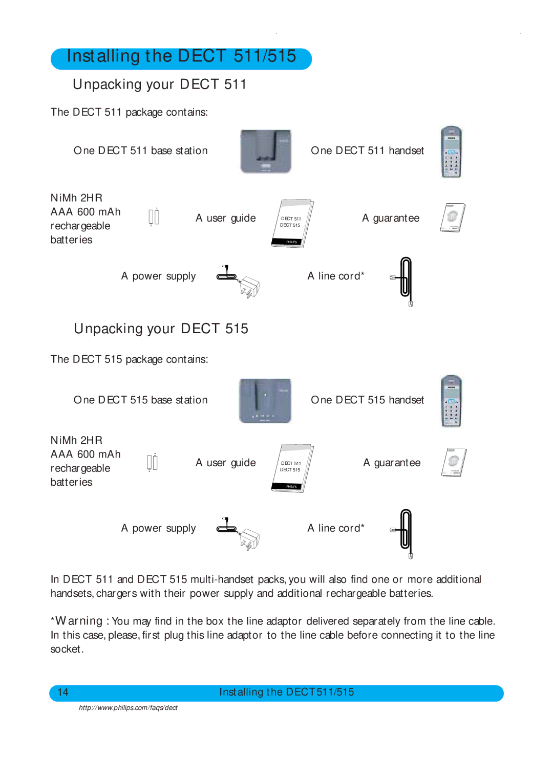 Philips DECT511, DECT515 user manual Installing the Dect 511/515, Unpacking your Dect 