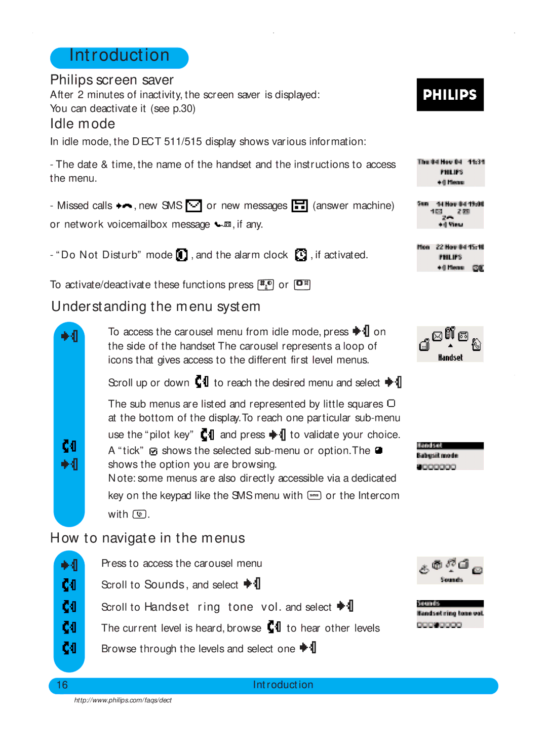 Philips DECT511 Introduction, Philips screen saver, Idle mode, Understanding the menu system, How to navigate in the menus 