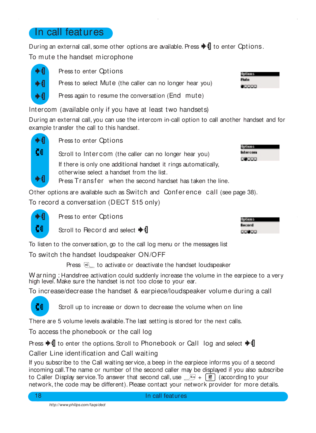 Philips DECT511, DECT515 user manual Call features 