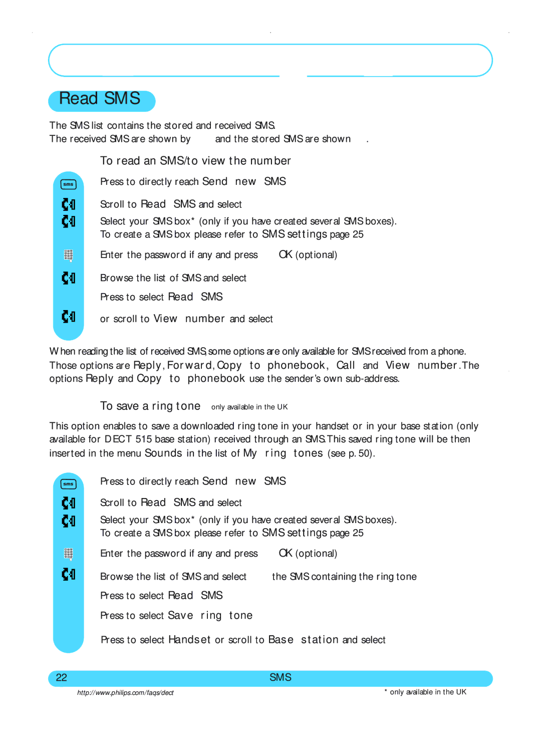 Philips DECT511, DECT515 user manual Read SMS, To read an SMS/to view the number 