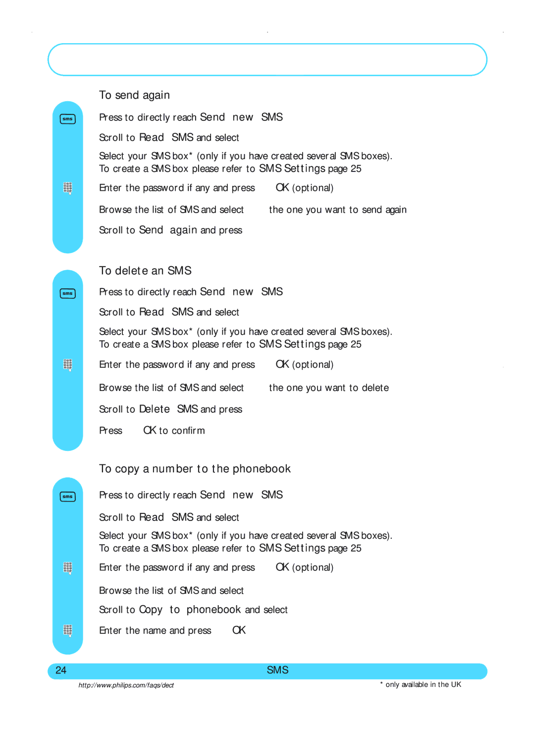 Philips DECT511, DECT515 user manual To send again, To delete an SMS, To copy a number to the phonebook 