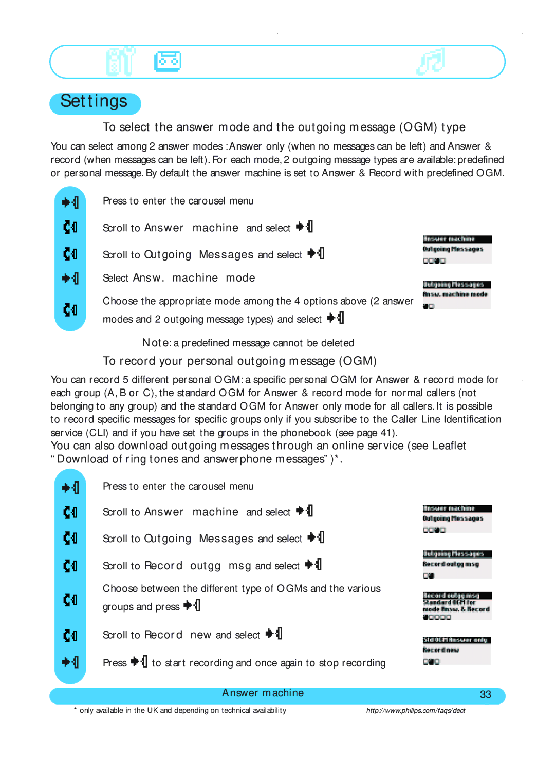 Philips DECT515, DECT511 user manual Settings, To select the answer mode and the outgoing message OGM type 