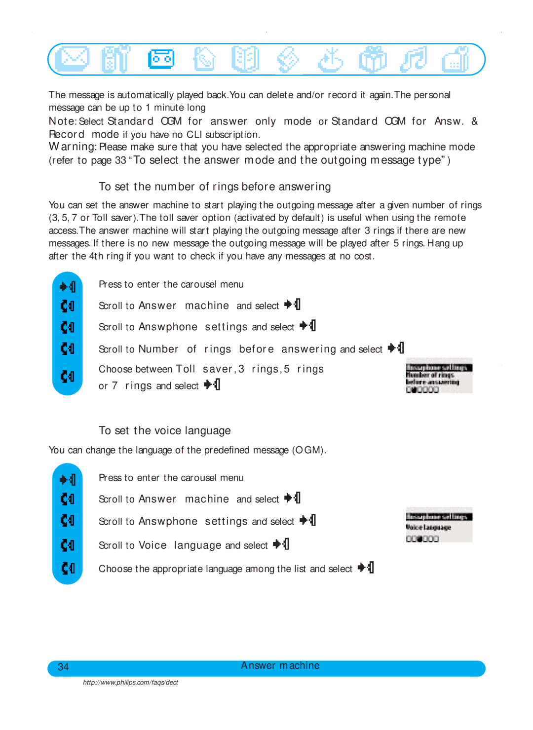 Philips DECT511, DECT515 user manual To set the number of rings before answering, To set the voice language 