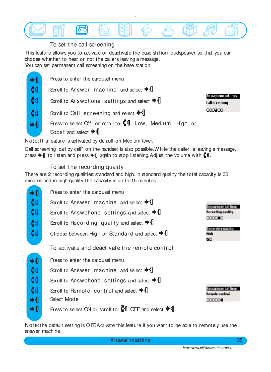 Philips DECT515 To set the call screening, To set the recording quality, To activate and deactivate the remote control 