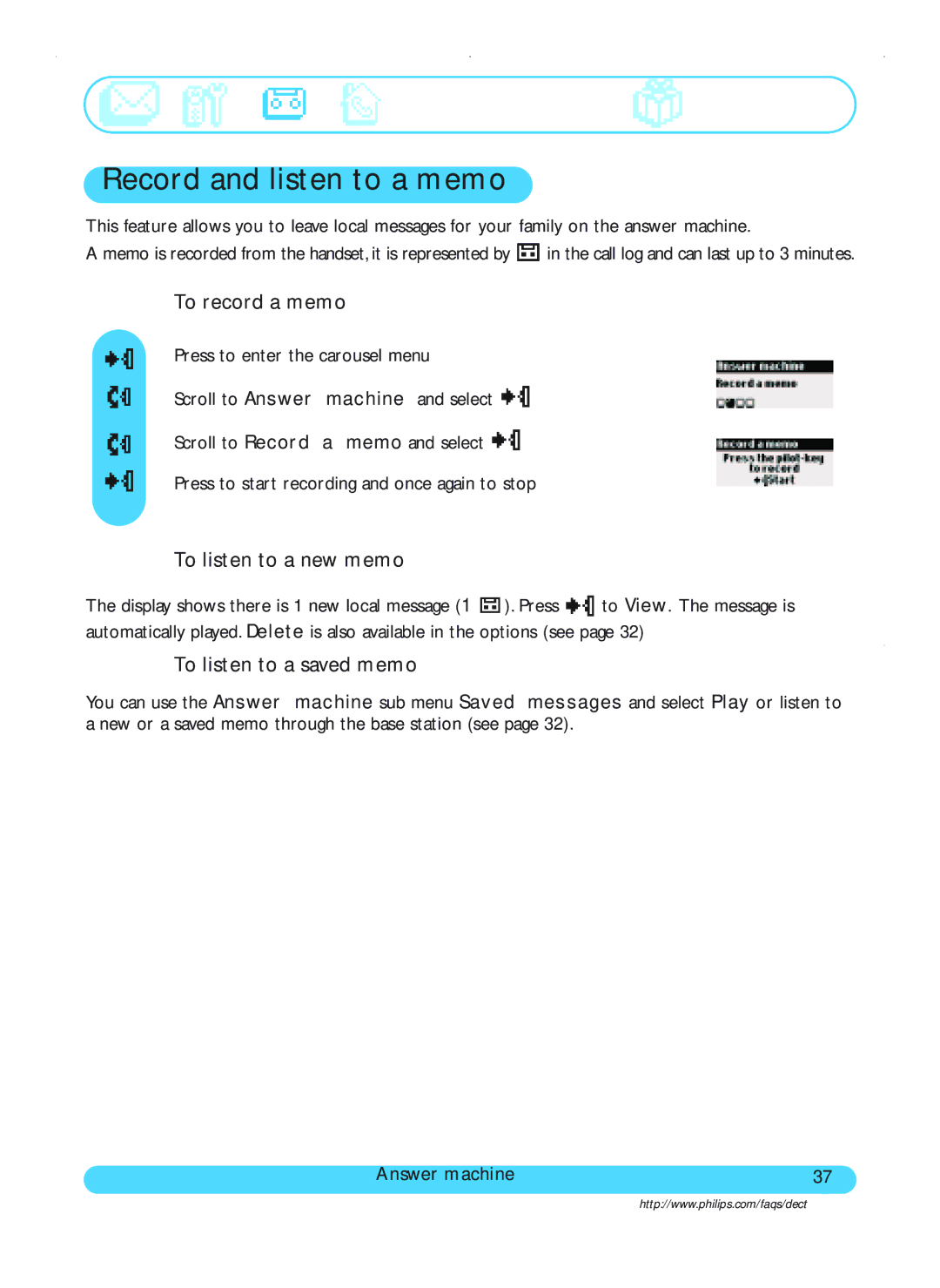 Philips DECT515, DECT511 Record and listen to a memo, To record a memo, To listen to a new memo, To listen to a saved memo 