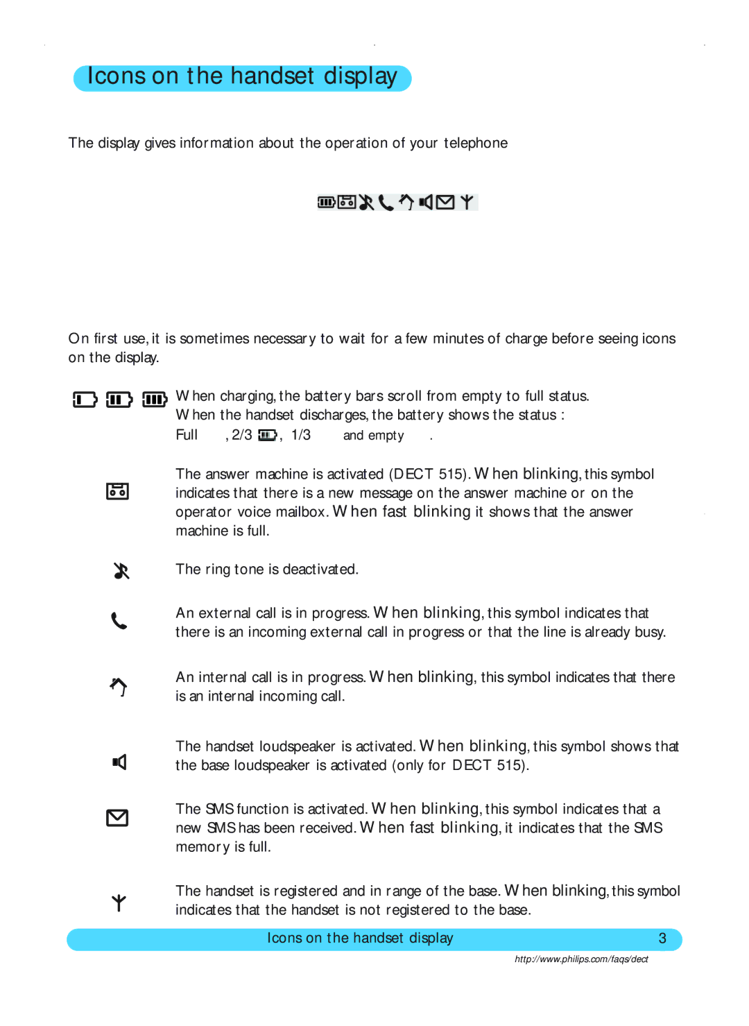Philips DECT515, DECT511 user manual Icons on the handset display 