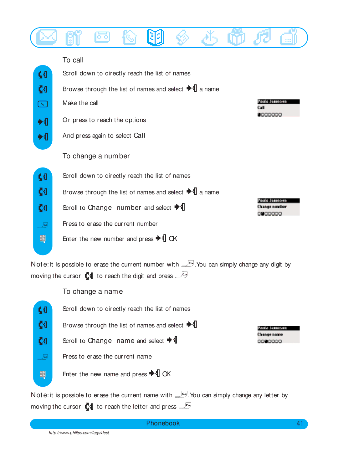 Philips DECT515, DECT511 user manual To call, To change a number, To change a name 