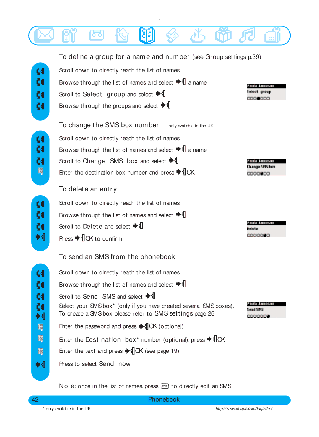 Philips DECT511, DECT515 user manual To change the SMS box number only available in the UK, To delete an entry 