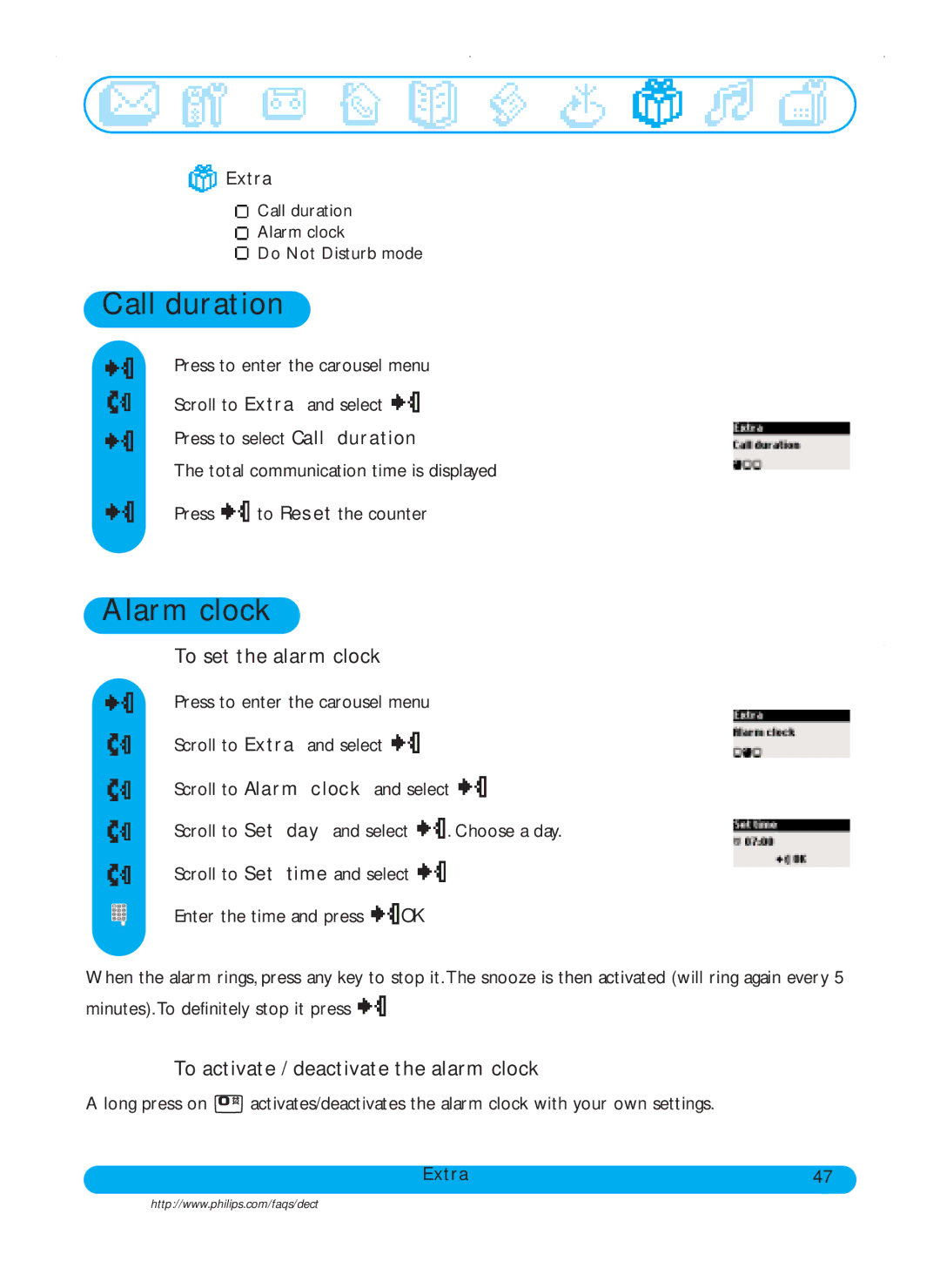 Philips DECT515, DECT511 Call duration, Alarm clock, To set the alarm clock, To activate / deactivate the alarm clock 