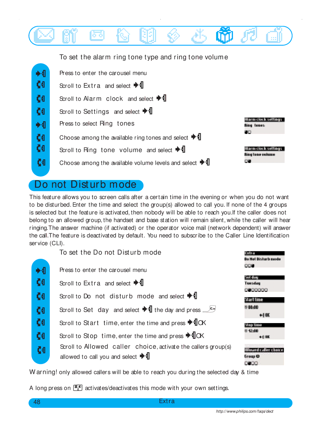 Philips DECT511, DECT515 To set the alarm ring tone type and ring tone volume, To set the Do not Disturb mode 