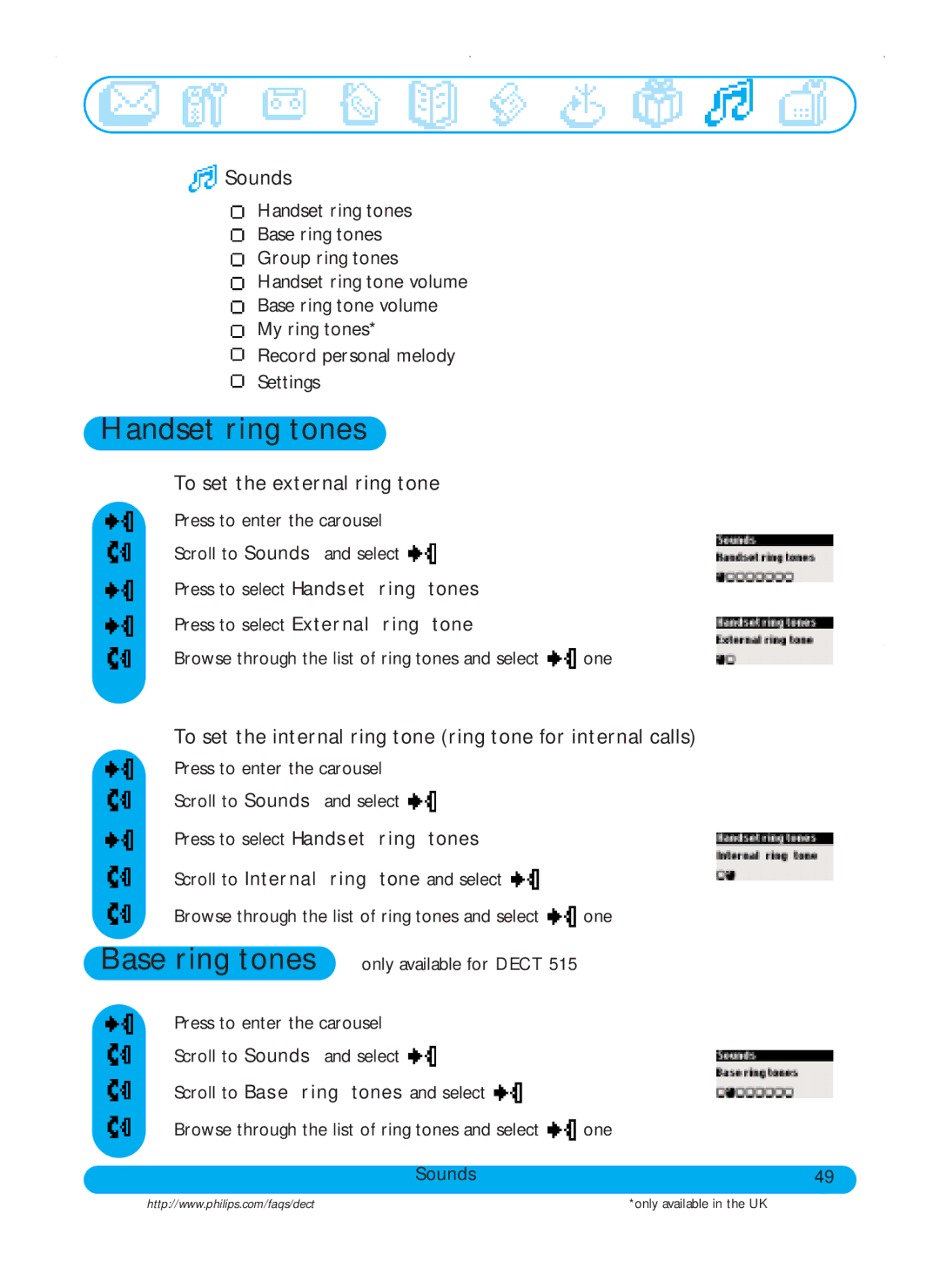 Philips DECT515, DECT511 user manual Handset ring tones, Base ring tones, To set the external ring tone 