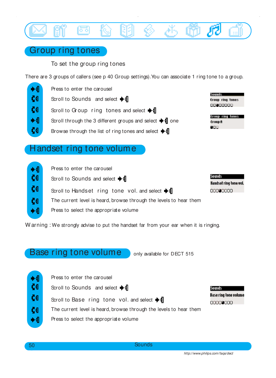 Philips DECT511, DECT515 user manual Group ring tones, Handset ring tone volume, To set the group ring tones 