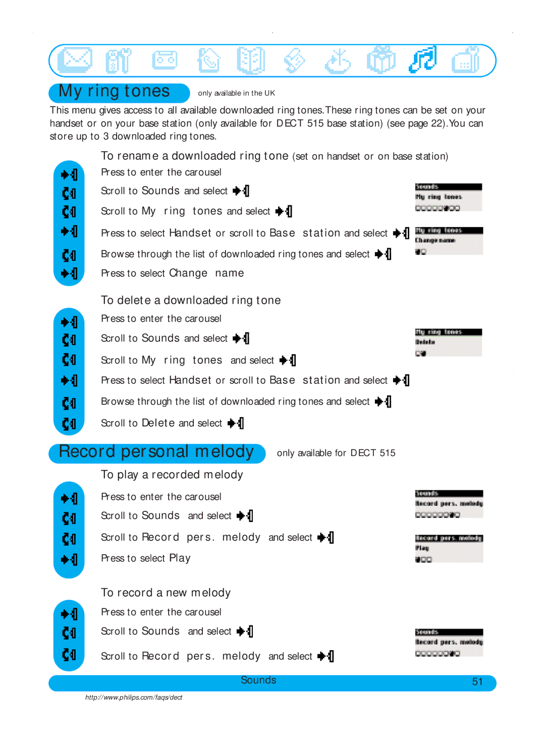 Philips DECT515 My ring tones, To delete a downloaded ring tone, To play a recorded melody, To record a new melody 
