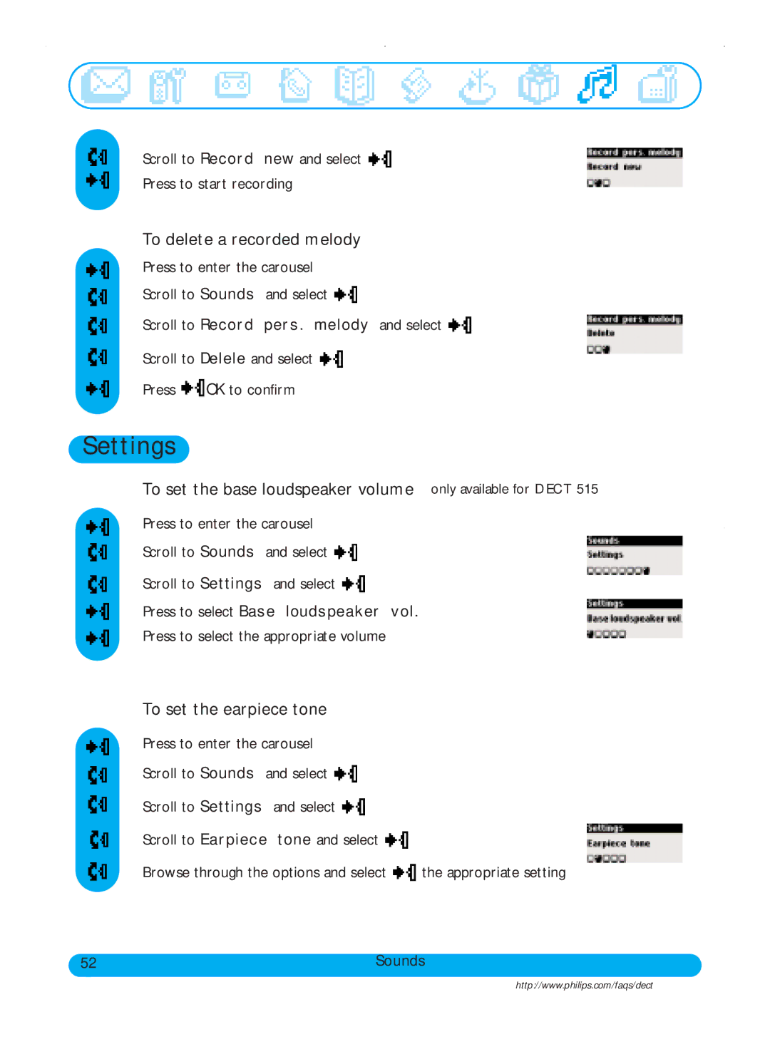 Philips DECT511, DECT515 user manual To delete a recorded melody, To set the base loudspeaker volume only available for Dect 