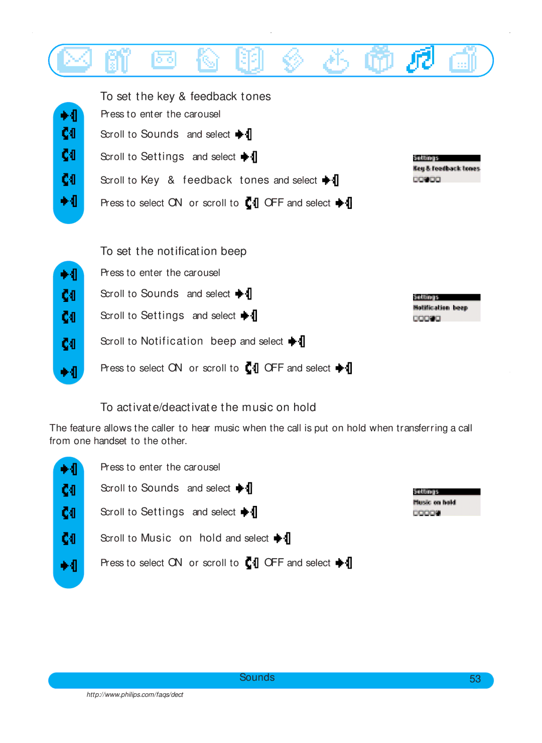Philips DECT515 To set the key & feedback tones, To set the notification beep, To activate/deactivate the music on hold 