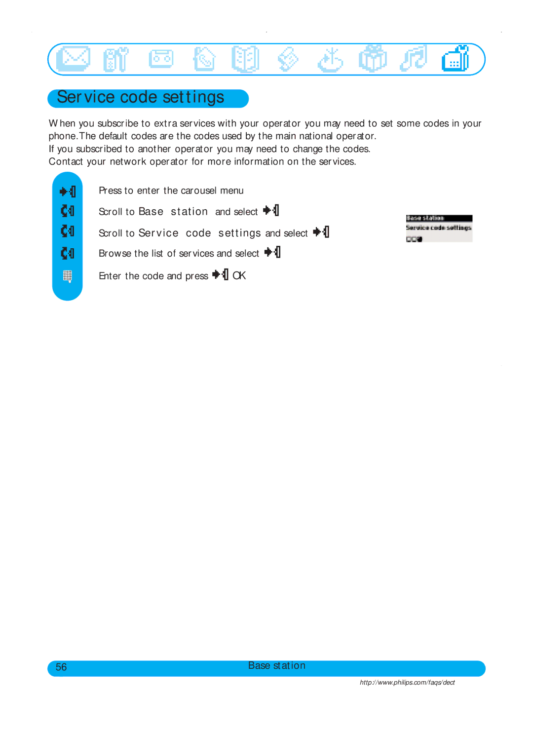 Philips DECT511, DECT515 user manual Service code settings 