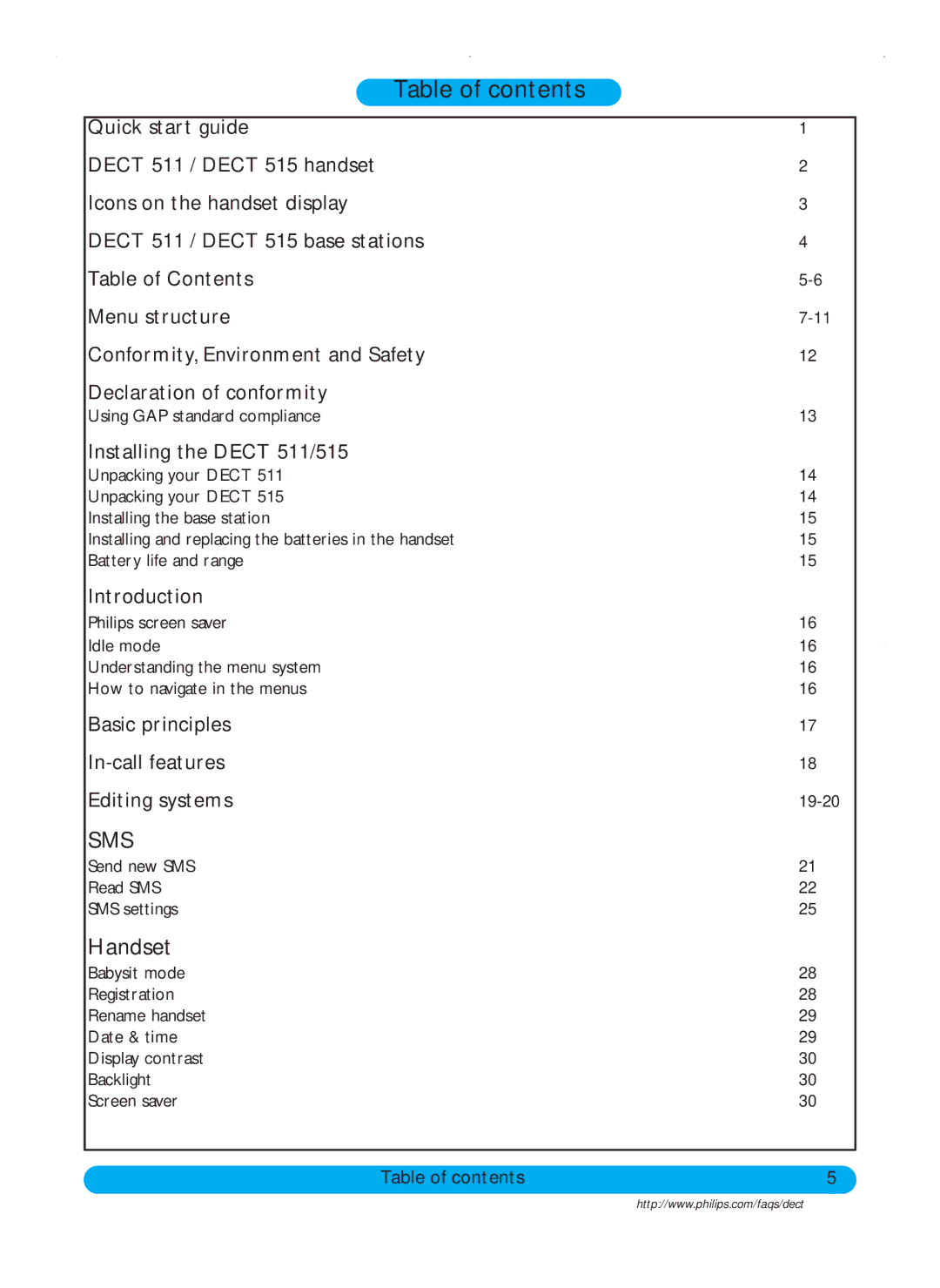 Philips DECT515, DECT511 user manual Table of contents 