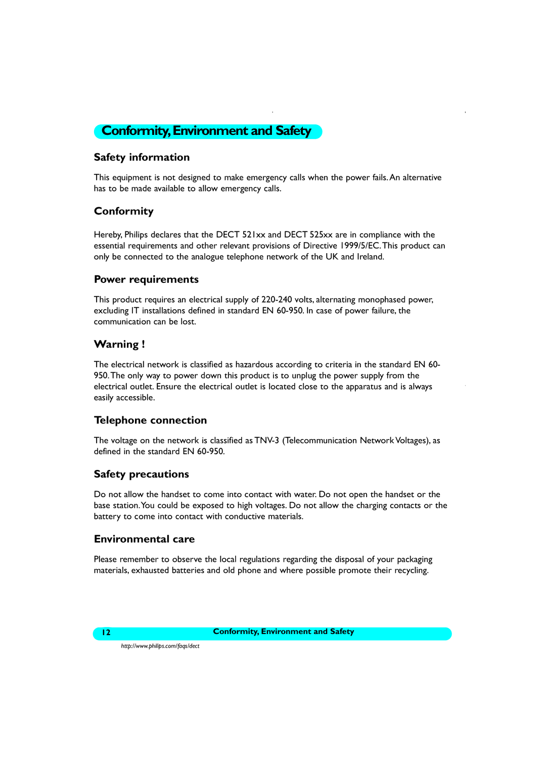 Philips DECT521/DECT 525 manual Conformity,Environment and Safety 