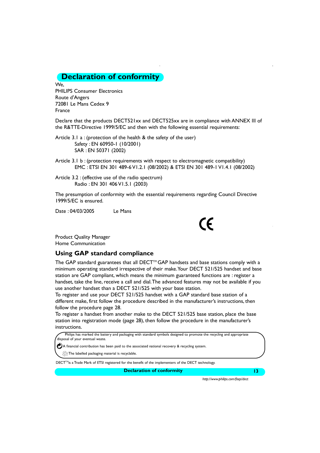 Philips DECT521/DECT 525 manual Declaration of conformity, Using GAP standard compliance 