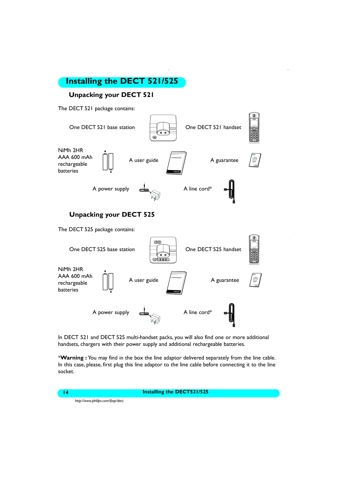 Philips DECT521/DECT 525 manual Installing the Dect 521/525, Unpacking your Dect 