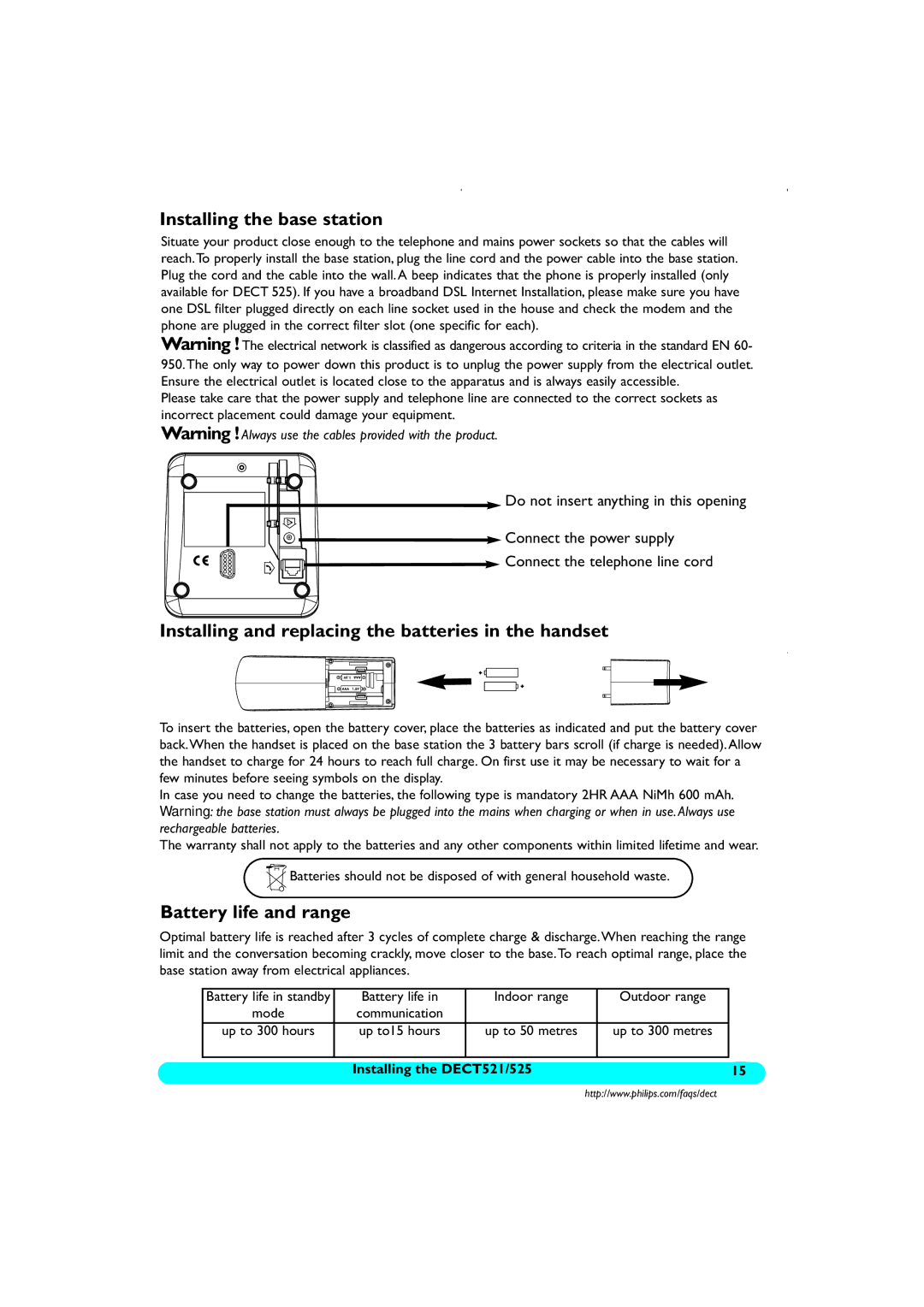 Philips DECT521/DECT 525 manual Installing the base station, Installing and replacing the batteries in the handset 