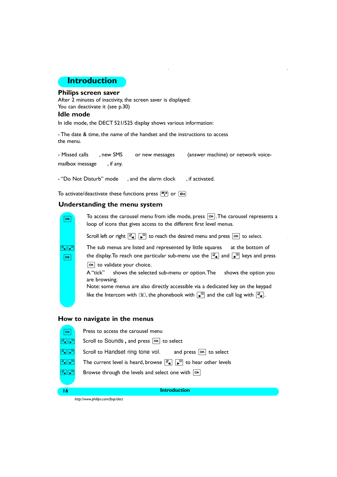 Philips DECT521/DECT 525 manual Introduction, Philips screen saver, Idle mode, Understanding the menu system 