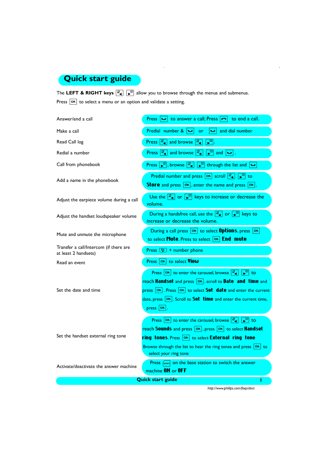 Philips DECT521/DECT 525 manual Quick start guide, Increase or decrease the volume 