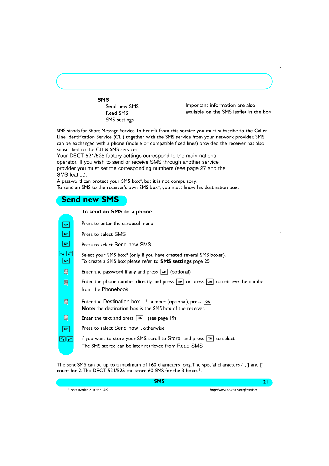 Philips DECT521/DECT 525 manual Send new SMS, Sms 