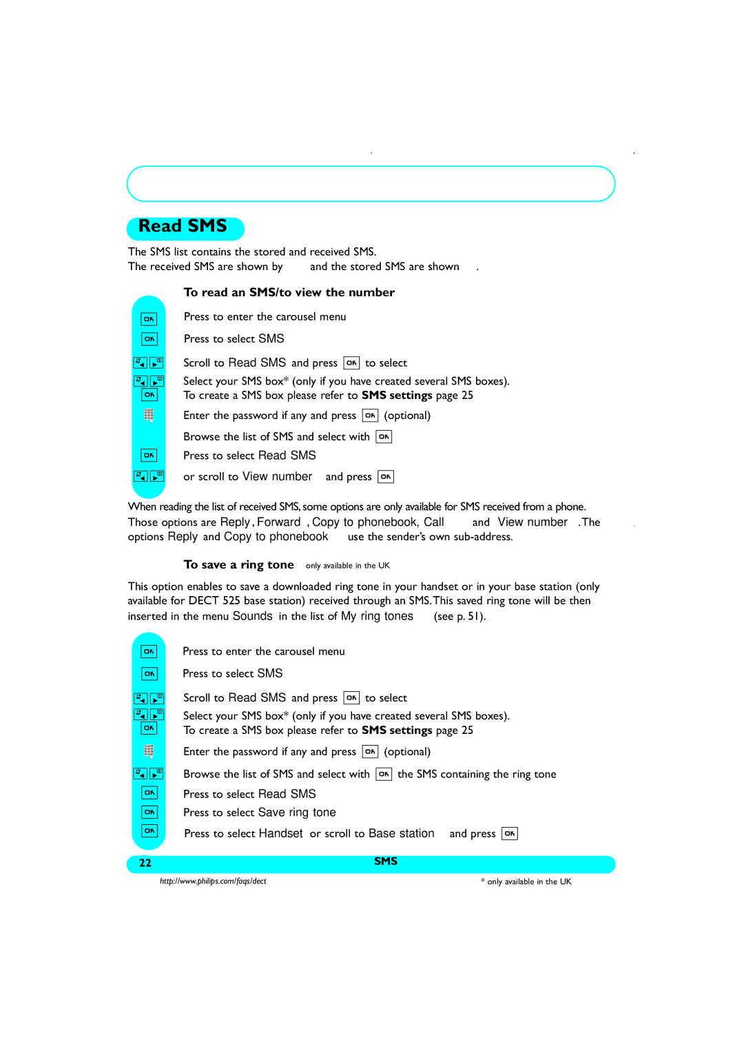 Philips DECT521/DECT 525 manual Read SMS 