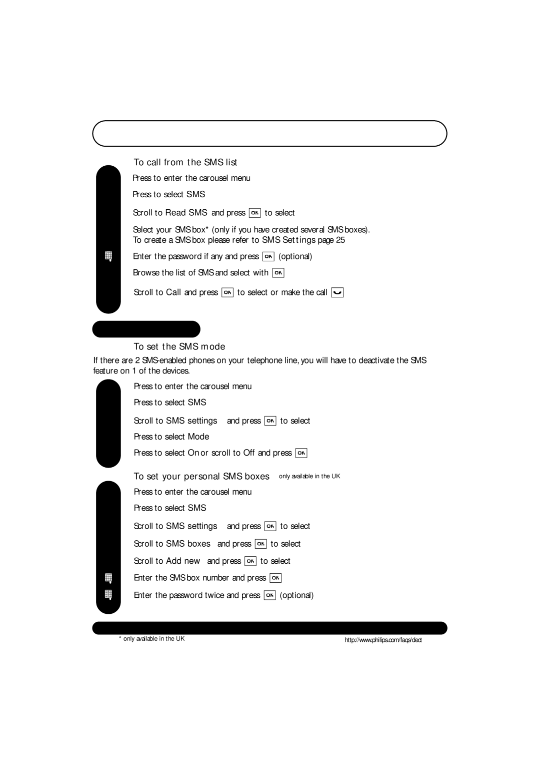 Philips DECT521/DECT 525 manual SMS settings 