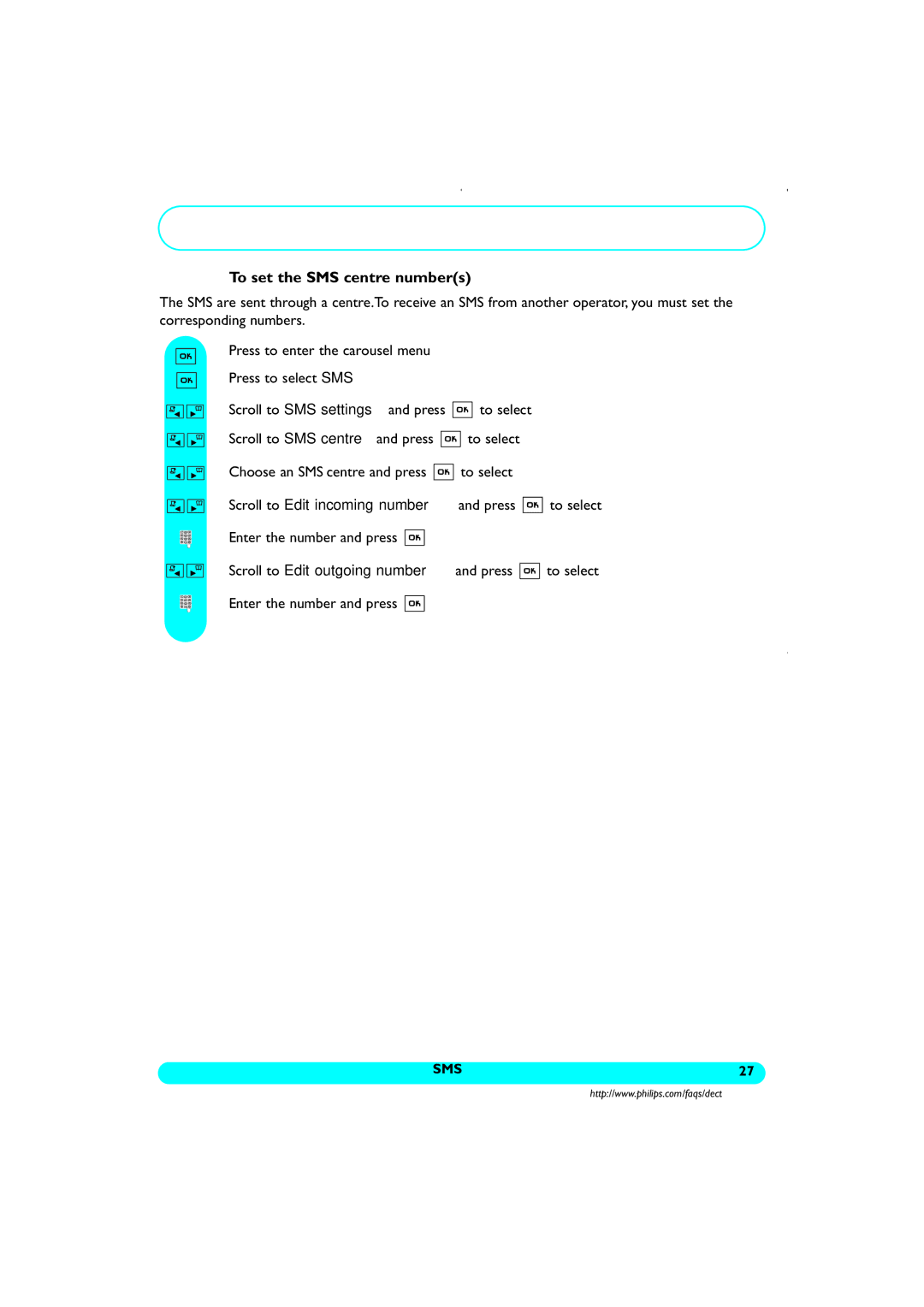 Philips DECT521/DECT 525 manual Settings and press To select 