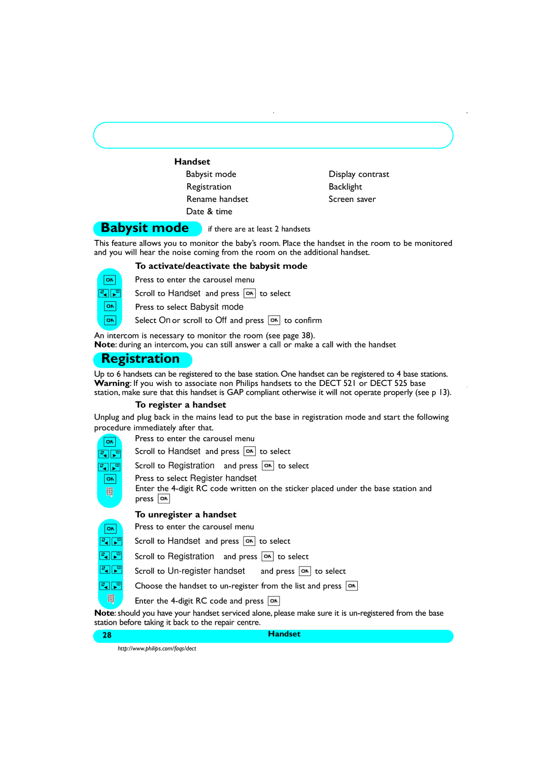 Philips DECT521/DECT 525 manual Babysit mode, Registration 