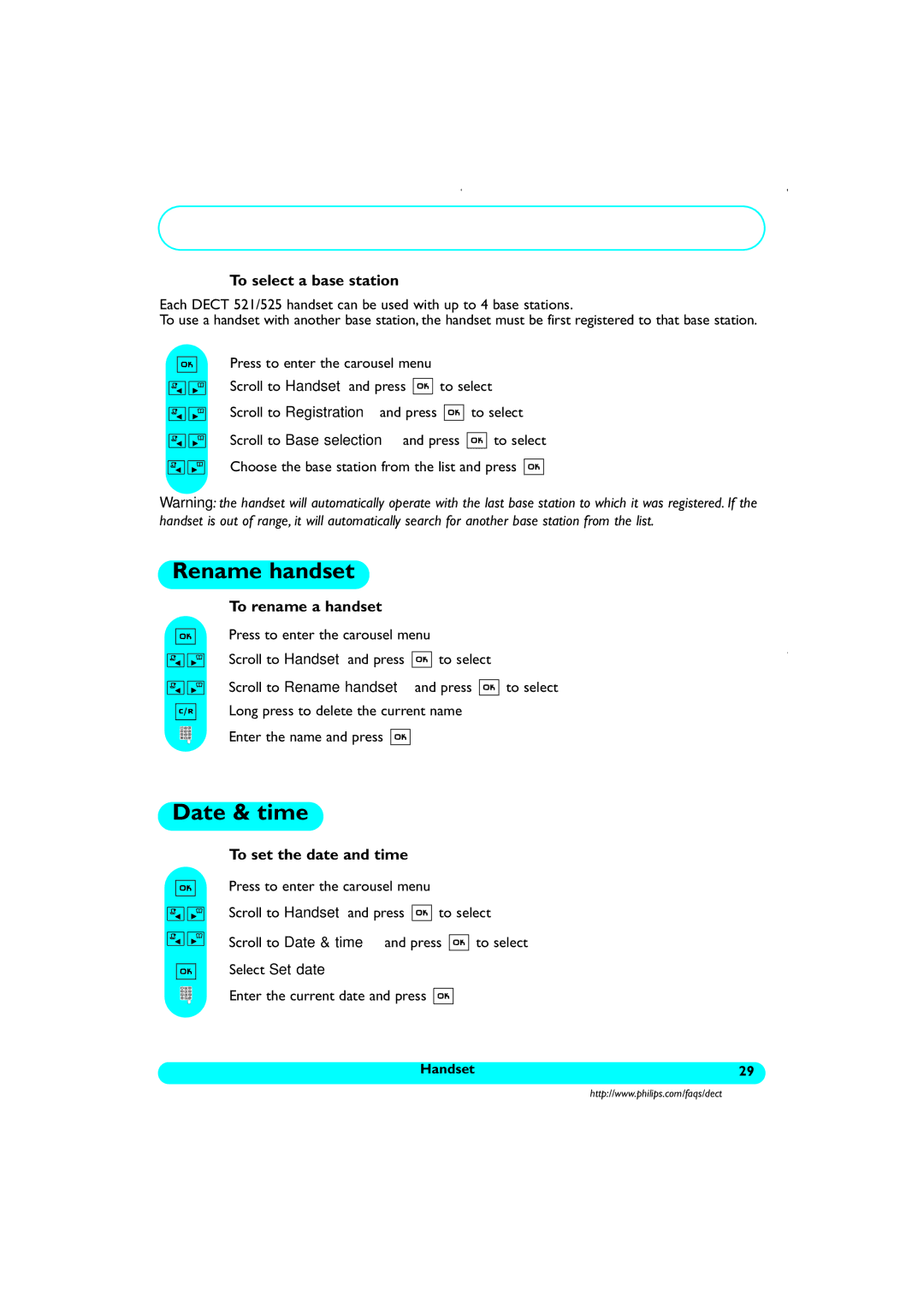 Philips DECT521/DECT 525 manual Rename handset, Date & time 