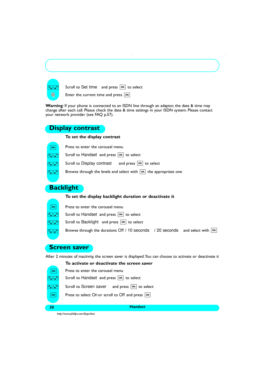 Philips DECT521/DECT 525 manual Display contrast, Backlight, Screen saver 