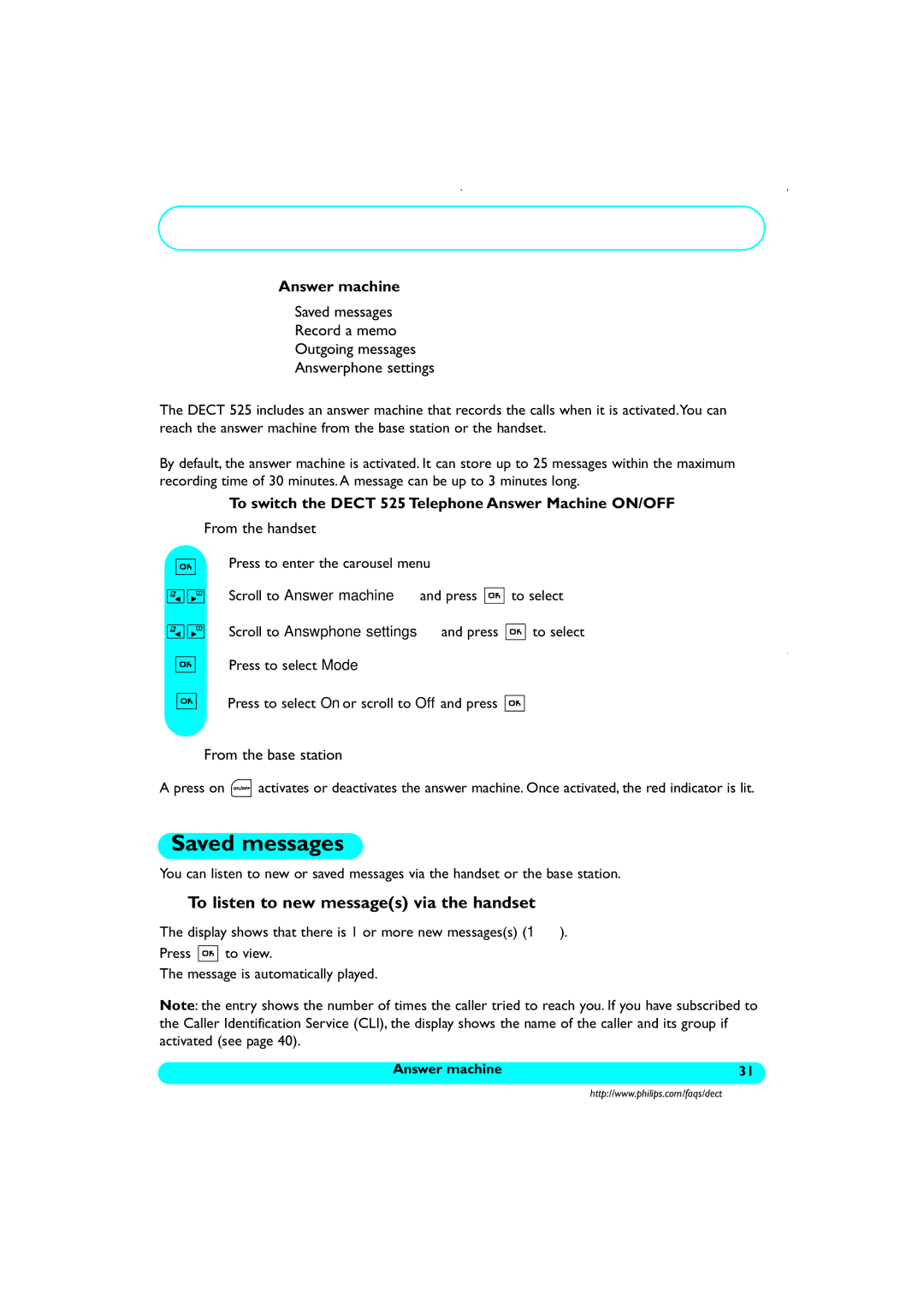 Philips DECT521/DECT 525 manual Saved messages, To listen to new messages via the handset 