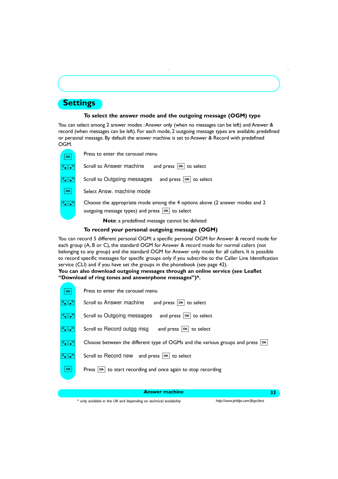 Philips DECT521/DECT 525 manual Settings 