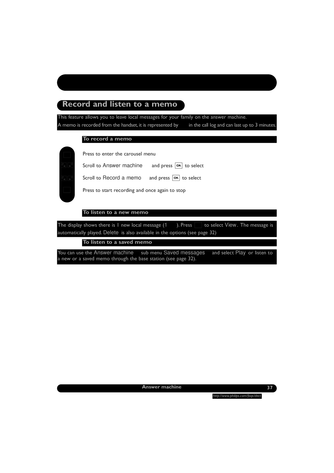 Philips DECT521/DECT 525 manual Record and listen to a memo 