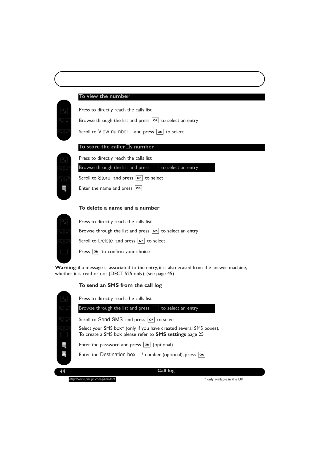 Philips DECT521/DECT 525 manual Call log 