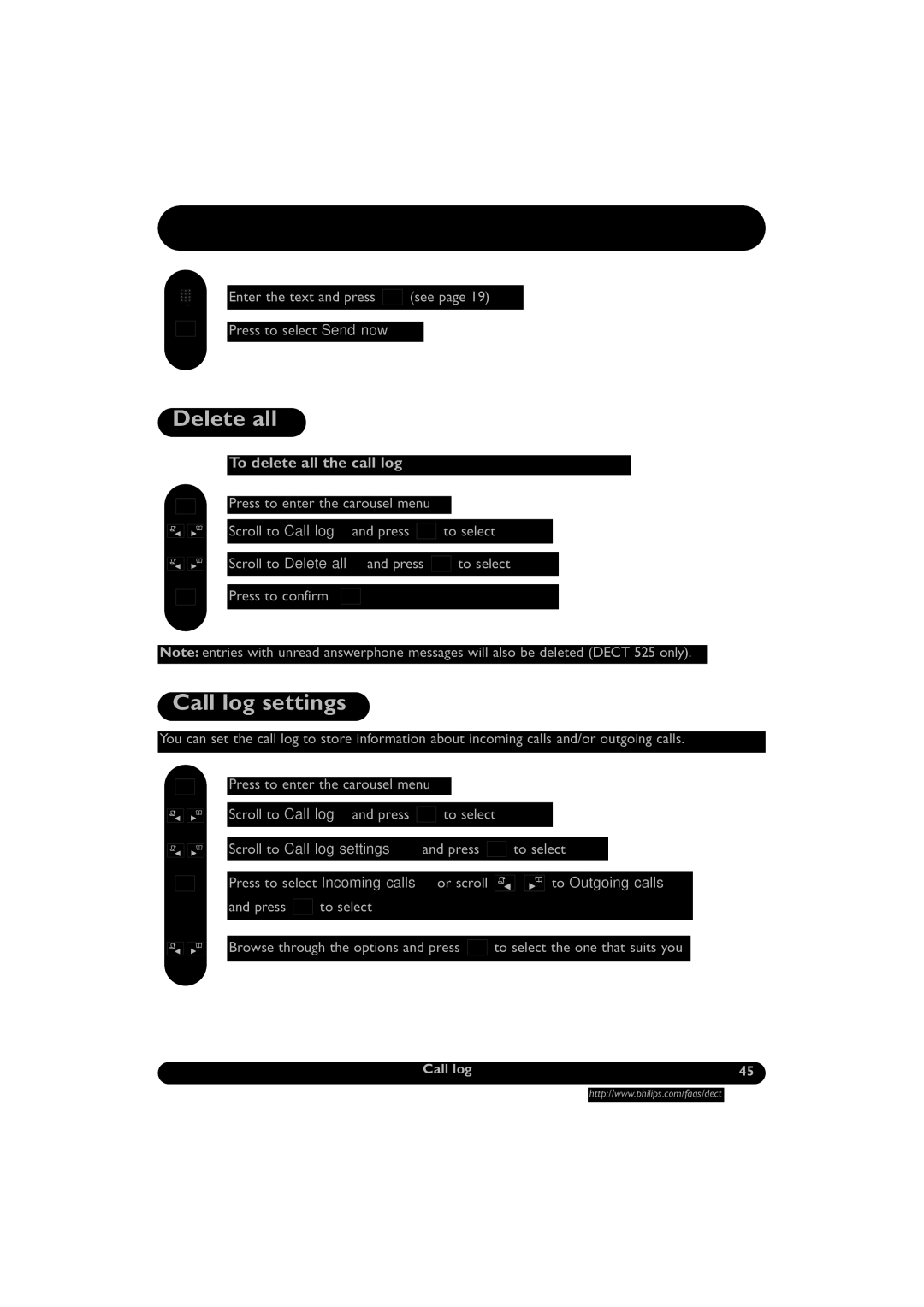 Philips DECT521/DECT 525 manual Delete all, Call log settings 