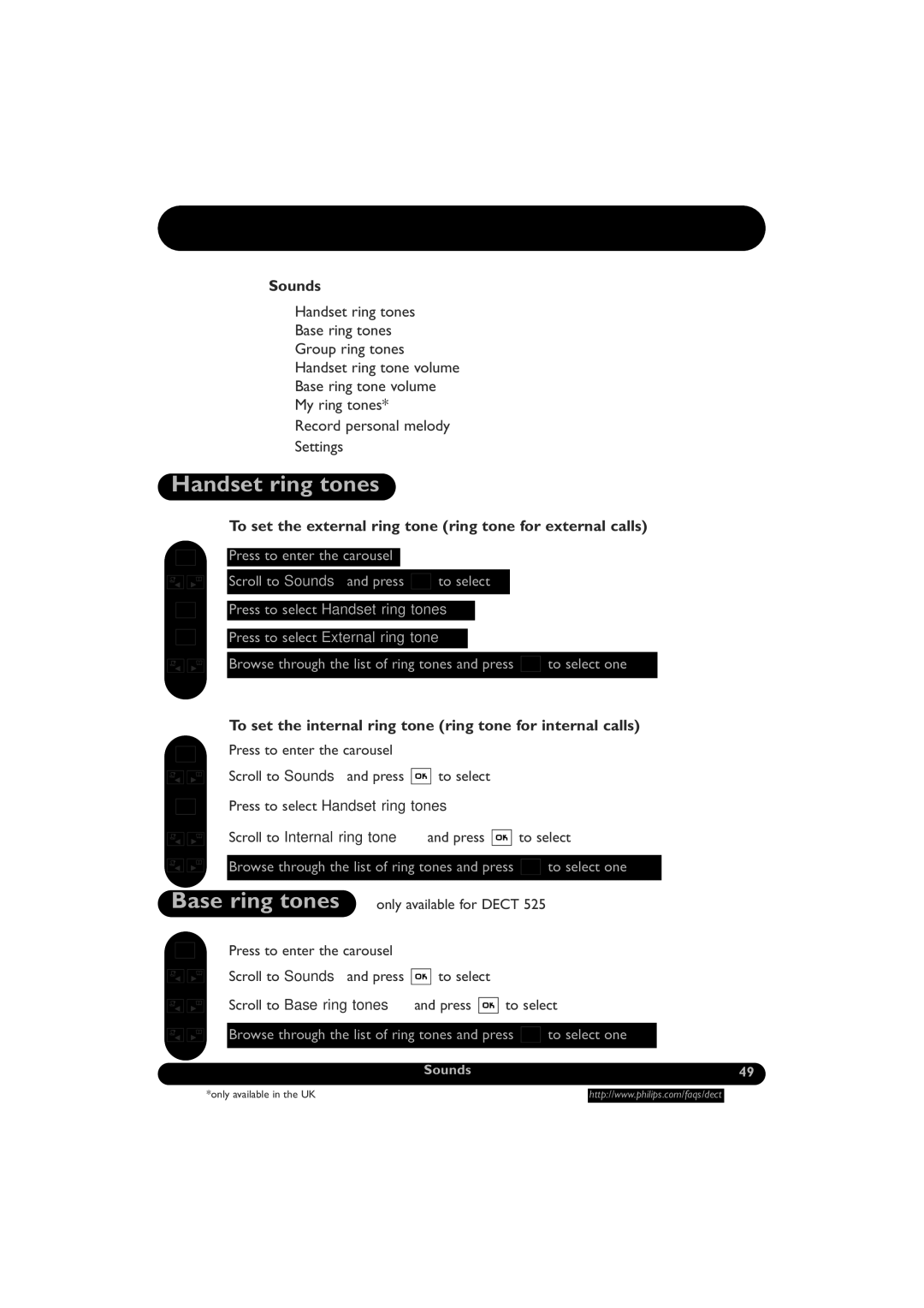 Philips DECT521/DECT 525 manual Handset ring tones, Base ring tones 