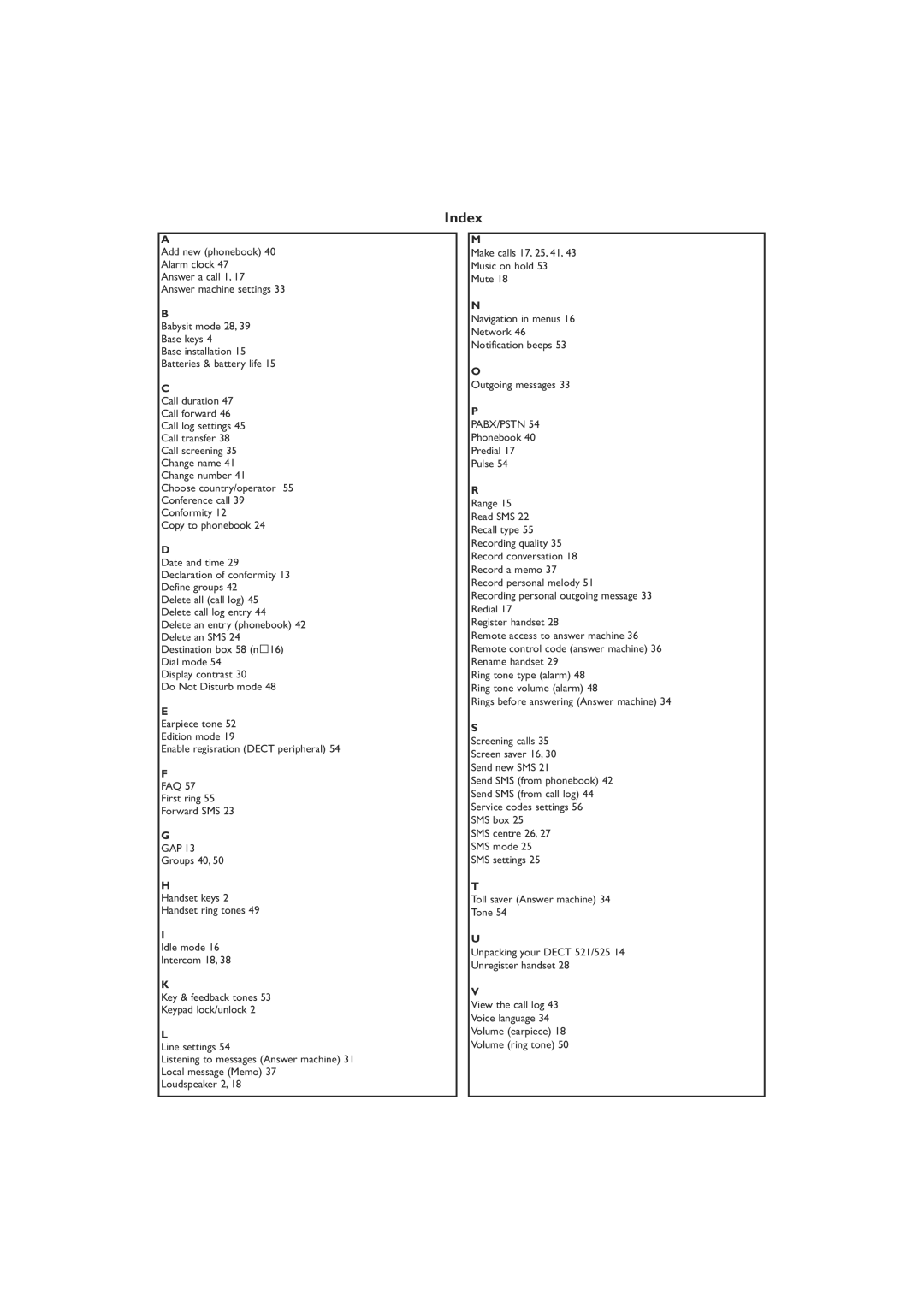 Philips DECT521/DECT 525 manual Index 