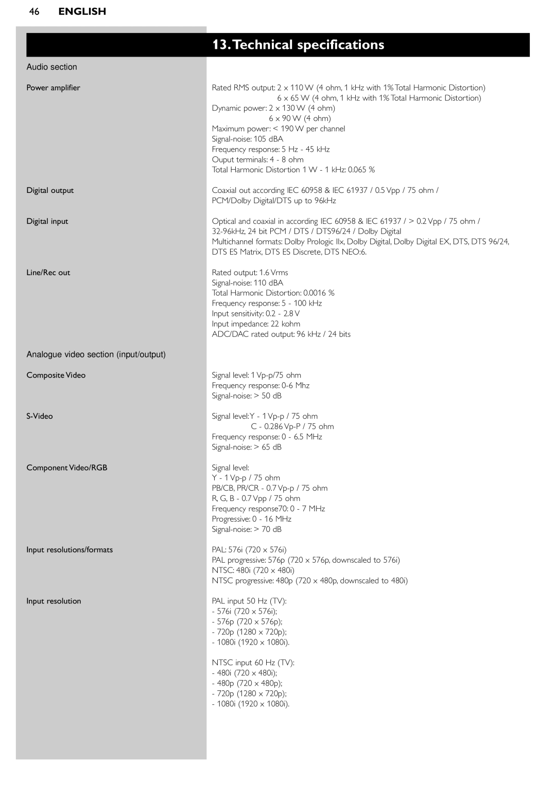 Philips DFR9000 manual Technical specifications, Audio section, DTS ES Matrix, DTS ES Discrete, DTS NEO6 