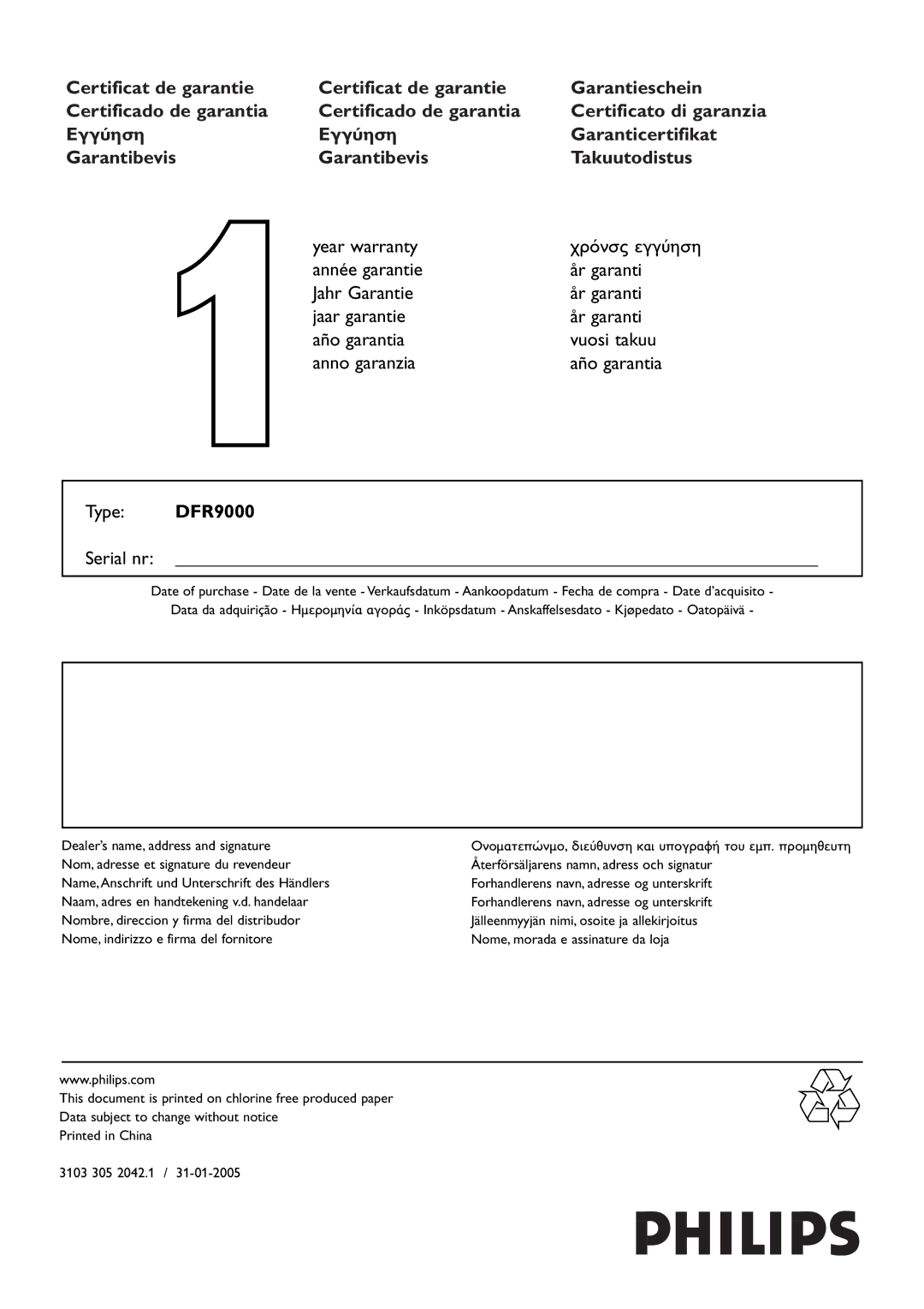 Philips DFR9000 manual Inköpsdatum Anskaffelsesdato Kjøpedato Oatopäivä, Name,Anschrift und Unterschrift des Händlers 