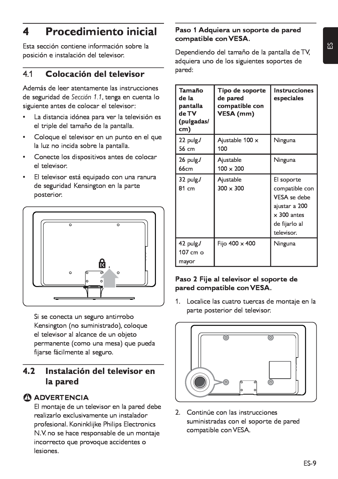Philips DFU-DEC2008 manual Procedimiento inicial, 4.1Colocación del televisor, 4.2Instalación del televisor en la pared 