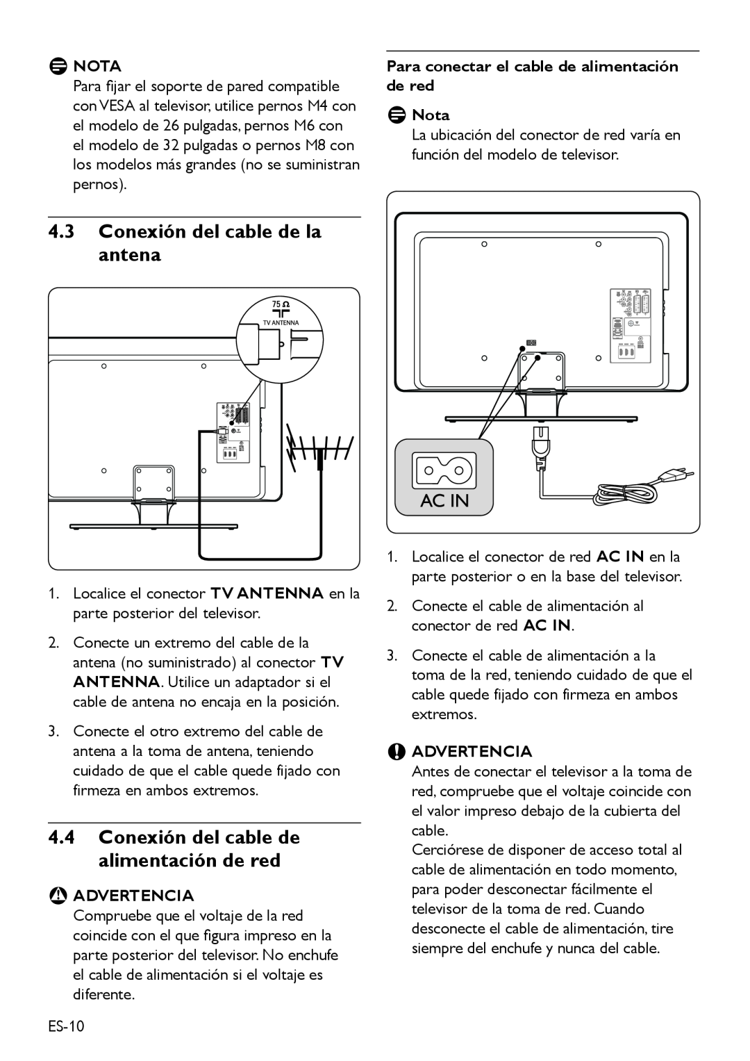 Philips DFU-DEC2008 manual 4.3Conexión del cable de la antena, 4.4Conexión del cable de alimentación de red, Ddnota, DDNota 