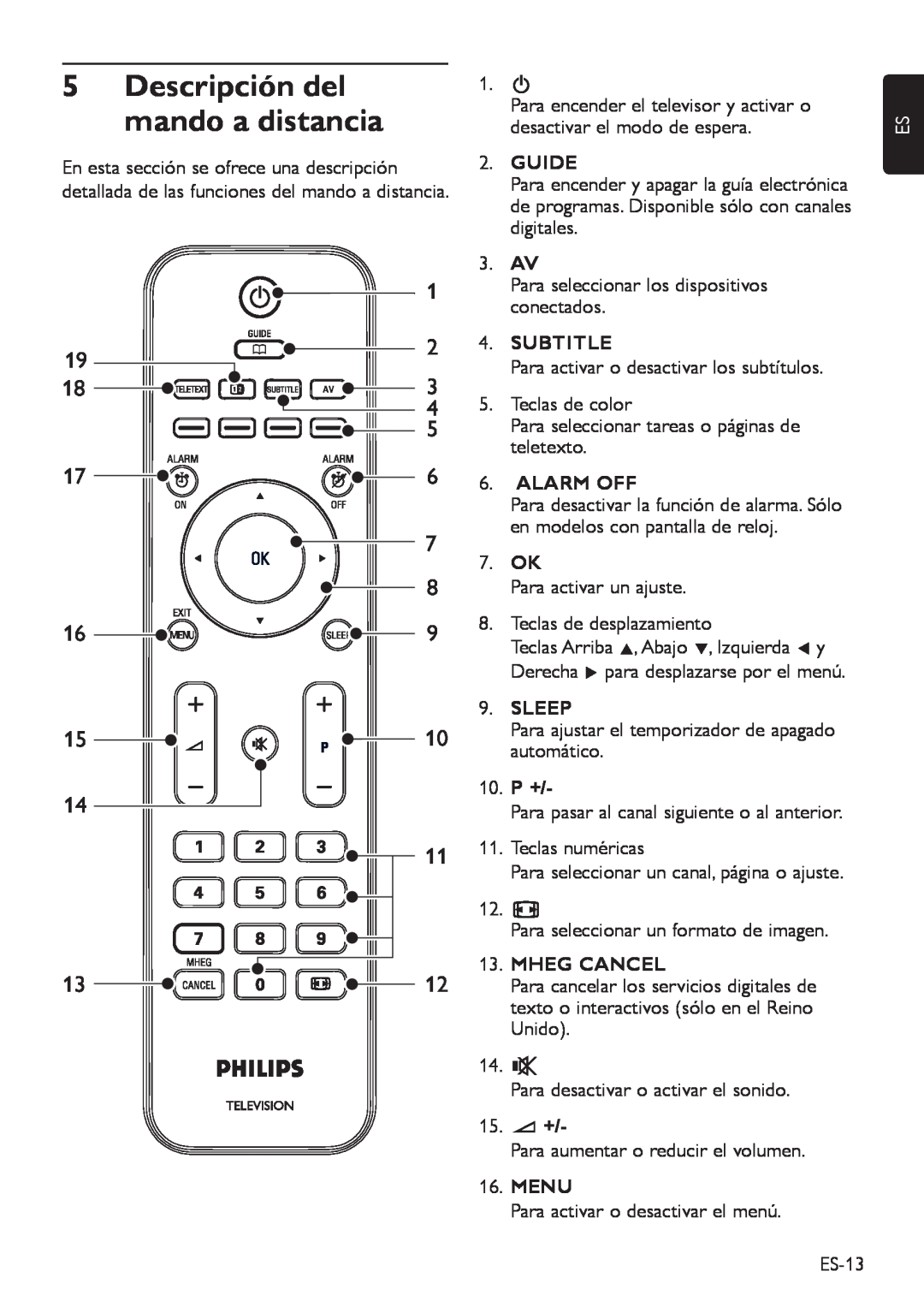 Philips DFU-DEC2008 manual Descripción del, mando a distancia, Guide, Subtitle, Alarm Off, Sleep, Mheg Cancel, 15.” +, Menu 