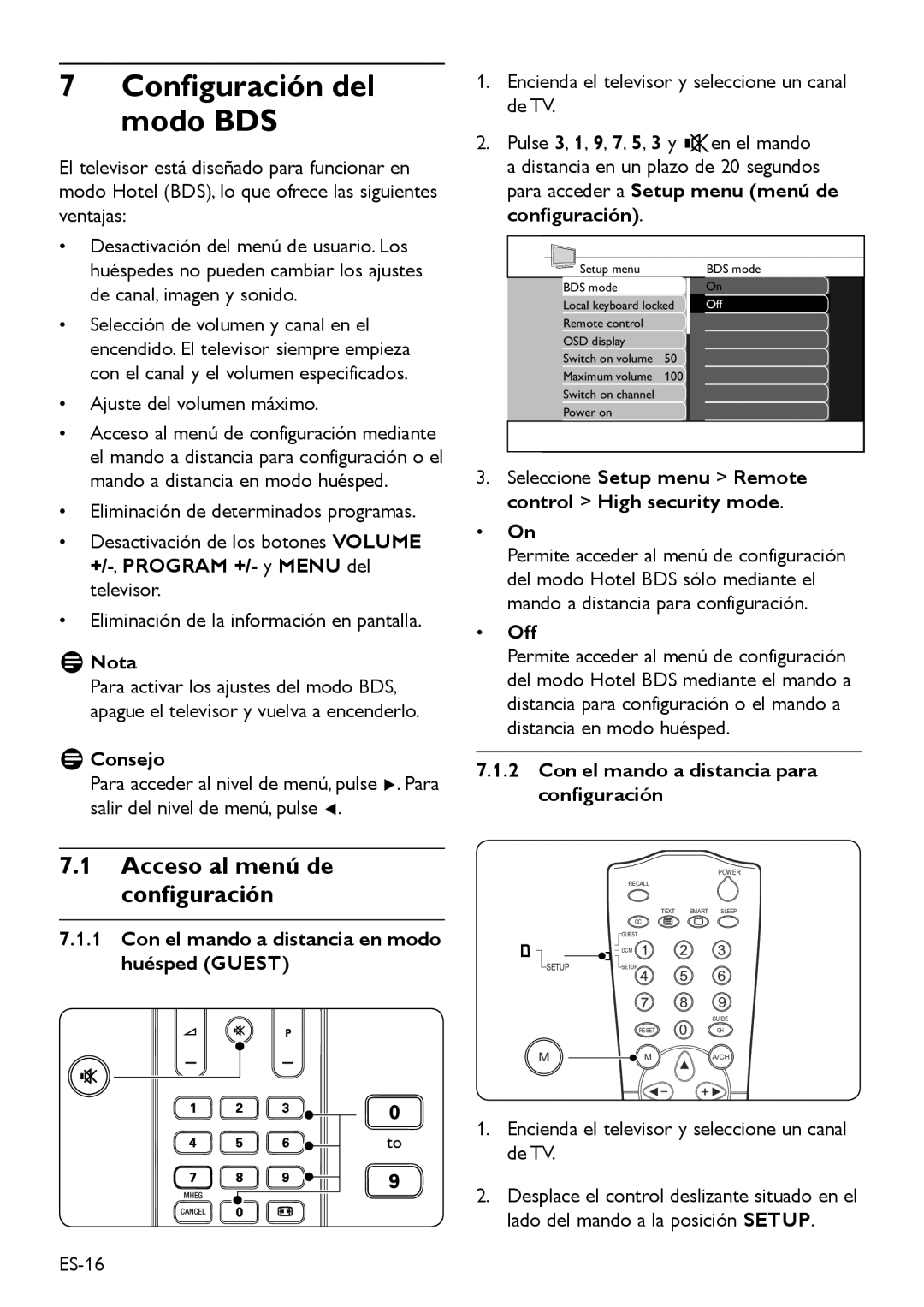 Philips DFU-DEC2008 manual 7Configuración del modo BDS, 7.1Acceso al menú de configuración, DDConsejo, Off, DDNota 
